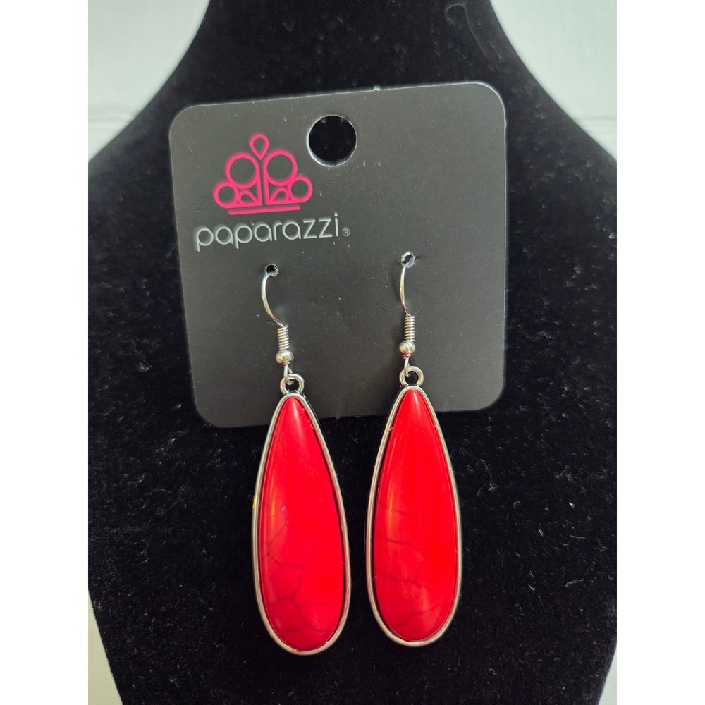Paparazzi Drop Earrings Womens OS Red Faux Stone Teardrop Silver Tone Dangle